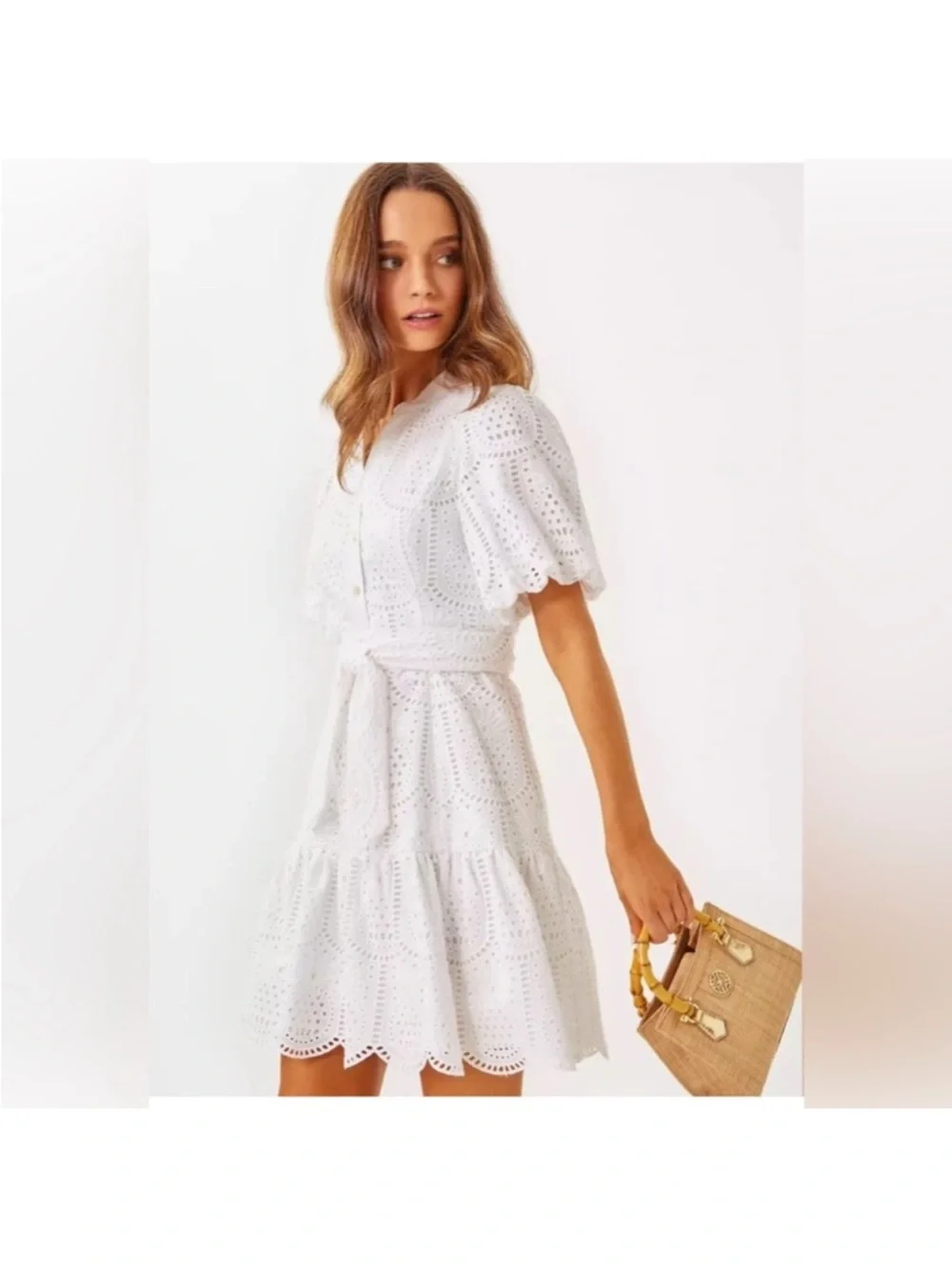 Lilly Pulitzer White Eyelet Puff-Sleeve Tie Mini Dress - Picture 5 of 8